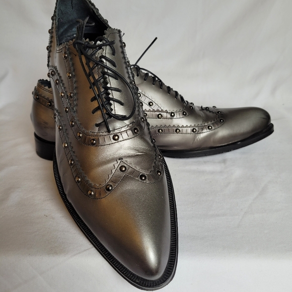 Jo Ghost Leather Made in Italy Brogue Pewter Dress Shoes Size 40 - Picture 2 of 12